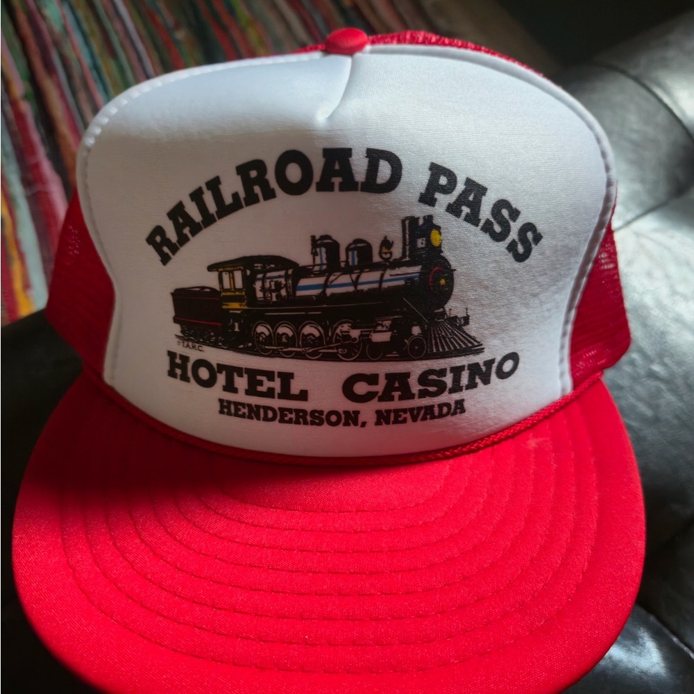 Vintage Railroad Pass Hotel Casino Red Trucker Hat